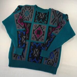 VTG 90s Knit Pullover Sweater Cosby Teal Abstract Eccentric Grandpa XL Mens